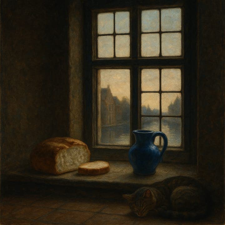 a quiet kitchen at first light, bread and a blue jug on the sill, a cat asleep by the window, painted in the Dutch Golden Age
