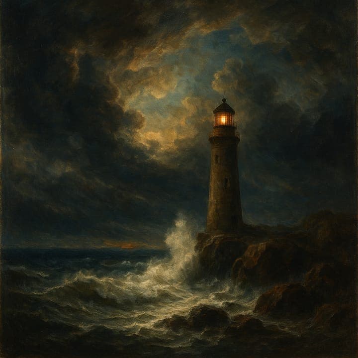 a lighthouse in a storm, one lamp lit, waves breaking on black rock, painted in the Romanticism