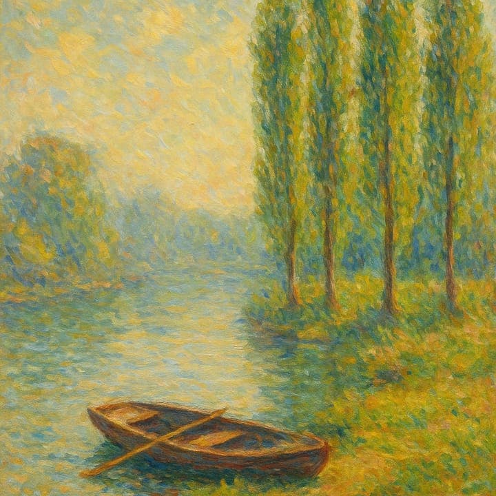 a rowing boat pulled up on the river bank, poplars, late summer haze, painted in the Impressionism