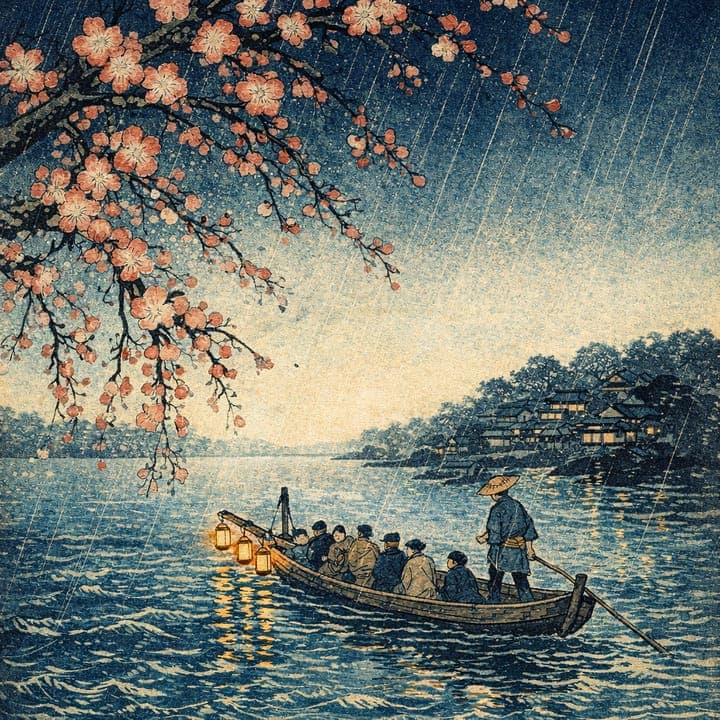 a night ferry crossing under plum blossom, lanterns doubled in the water, painted in the Ukiyo-e
