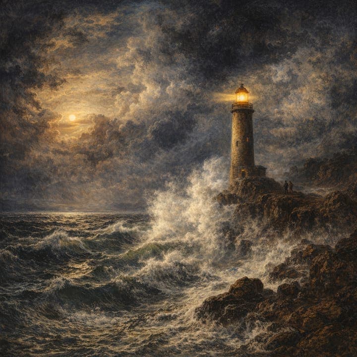 a lighthouse in a storm, one lamp lit, waves breaking on black rock, painted in the Romanticism