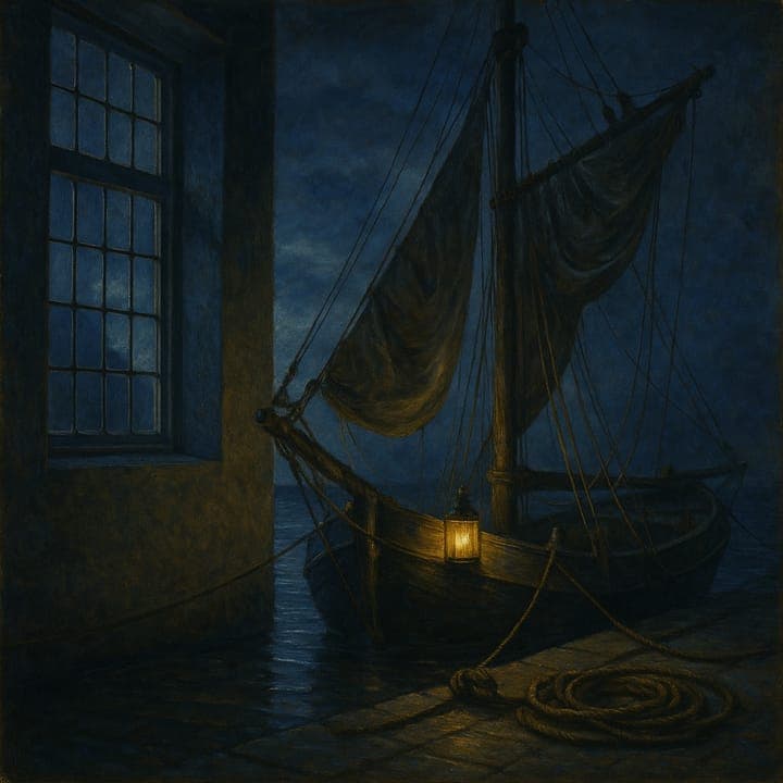 a fishing boat tied up at dusk, ropes coiled on the quay, one lantern just lit, painted in the Dutch Golden Age