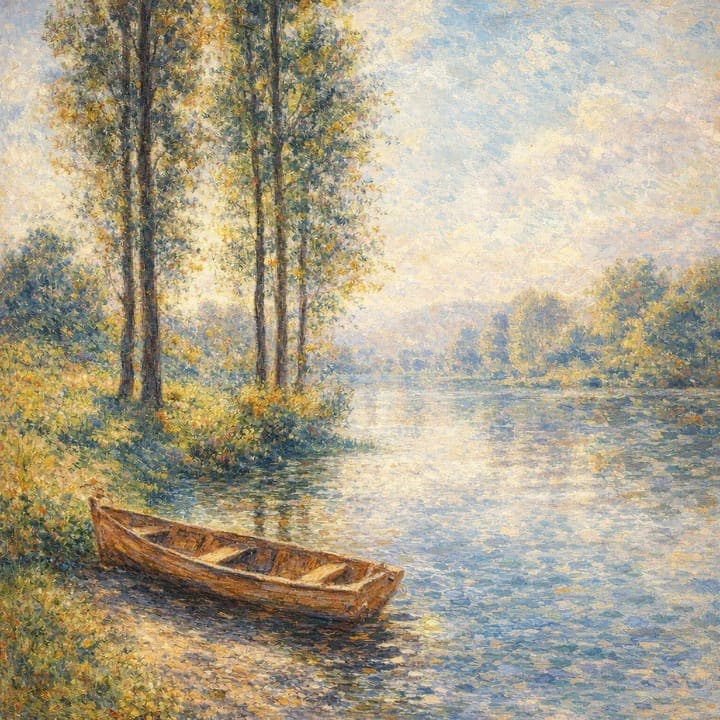 a rowing boat pulled up on the river bank, poplars, late summer haze, painted in the Impressionism