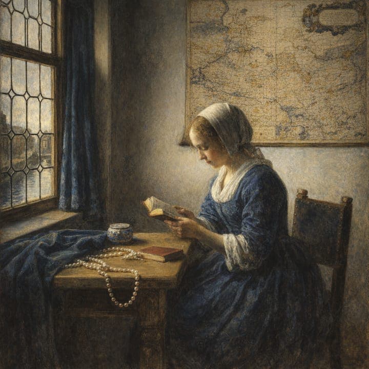 a girl reading by a tall window, a map on the wall, pearls on the table, painted in the Dutch Golden Age