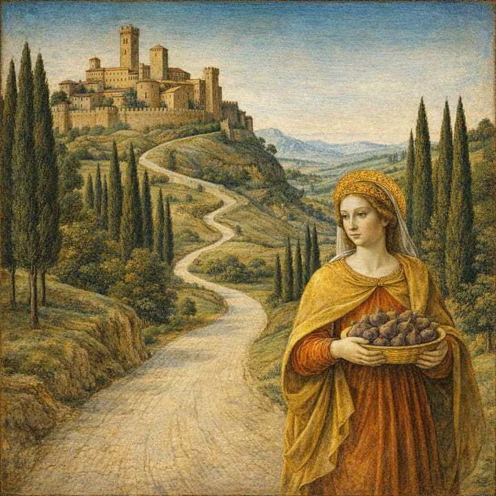 a walled hill town at noon, cypresses and a white road, a girl carrying figs, painted in the Renaissance