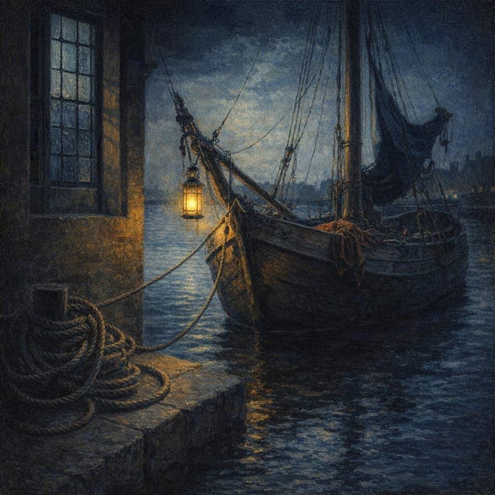 a fishing boat tied up at dusk, ropes coiled on the quay, one lantern just lit, painted in the Dutch Golden Age