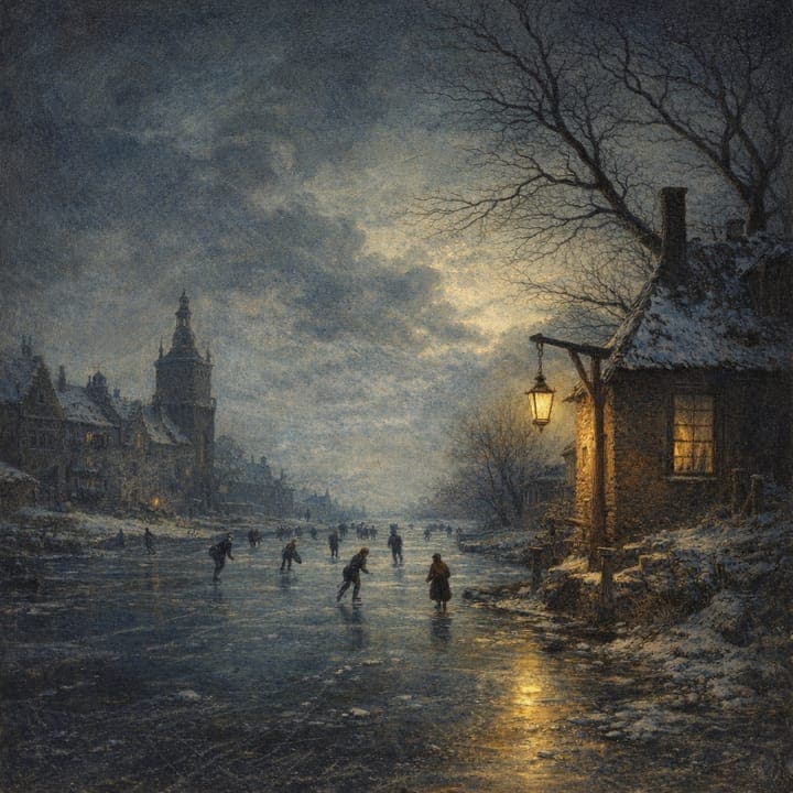 a frozen canal at dusk, skaters small under a pewter sky, one lantern lit, painted in the Dutch Golden Age