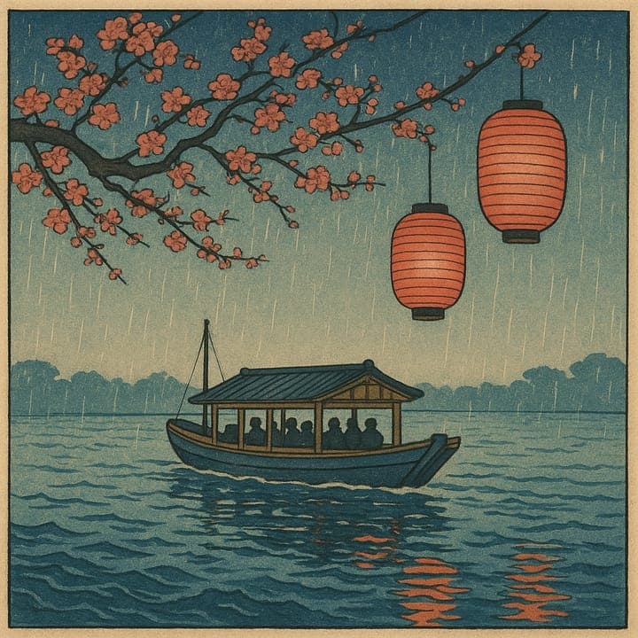 a night ferry crossing under plum blossom, lanterns doubled in the water, painted in the Ukiyo-e