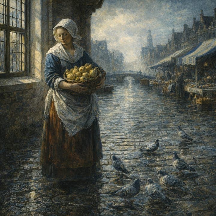 a market square after rain, a woman with a basket of pears, pigeons on the wet stones, painted in the Dutch Golden Age