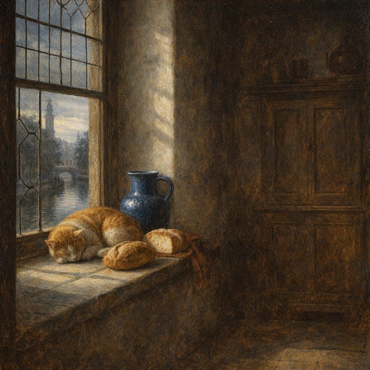 a quiet kitchen at first light, bread and a blue jug on the sill, a cat asleep by the window, painted in the Dutch Golden Age