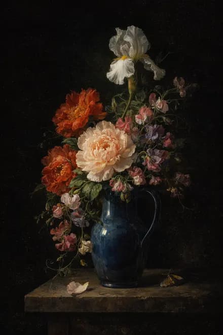 peonies, sweet peas and one white iris in a blue jug on the kitchen table, a petal already down, painted after Rachel Ruysch