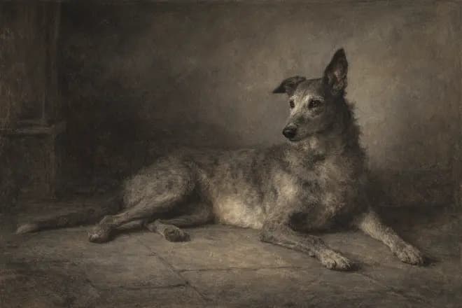 our old grey lurcher lying on the cool stone of the hall, one ear up, listening for the car, painted after Velázquez
