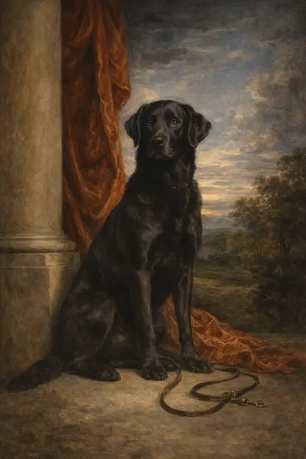 a black labrador seated at full length beside a stone column, the leash on the floor, the evening sky behind, painted after Van Dyck