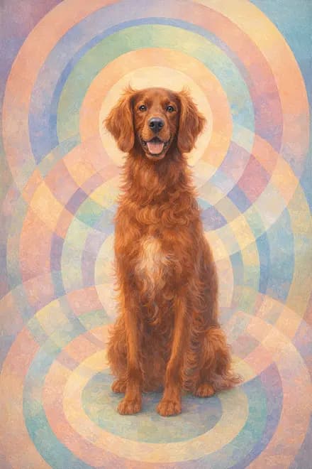 our red setter sitting very upright and very pleased with herself, ears lifted, the rings of colour opening behind her like a struck bell, painted in the Orphist Discs hand