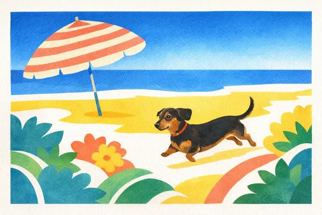 a dachshund running along a yellow beach under a striped umbrella, the sea and the sand and the sky each one flat colour, painted in the Cut-Paper Collage hand