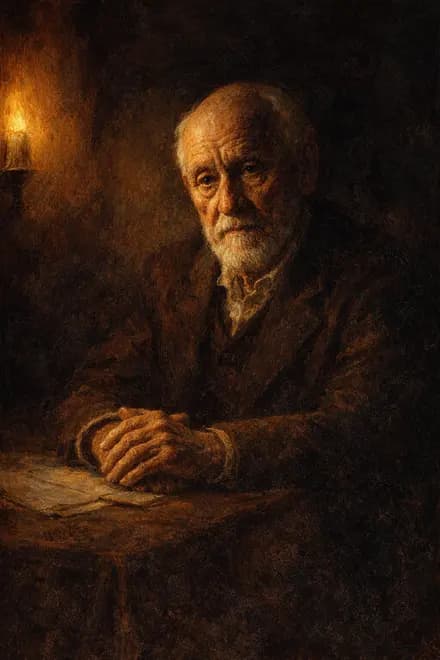 my grandfather at eighty, one lamp lit, his hands folded on the table, the rest of the room gone dark, painted after Rembrandt