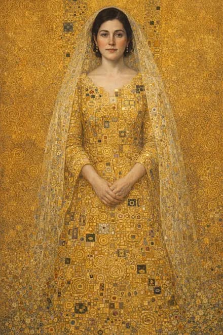 our daughter on her wedding morning, gold everywhere except her face, which is exactly hers, painted after Klimt