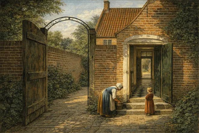 our brick house seen through the open garden gate, the hall door open too, sun on the back step, painted after De Hooch