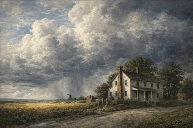the white farmhouse on the low road under a sky three times its size, rain coming across the field, painted after Ruisdael
