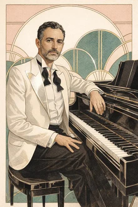 my husband in a white dinner jacket at the lacquer piano, bow tie undone, one hand still on the keys, painted in the Deco Fashion Plate hand