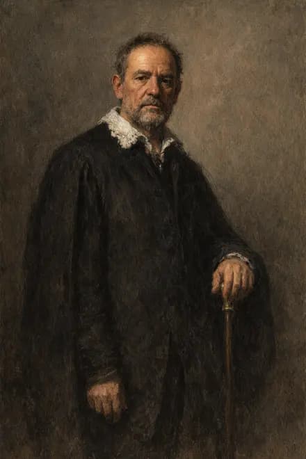 my father in a black coat against a bare grey wall, one hand on the pommel of a walking stick, the light on his face only, painted after Velázquez