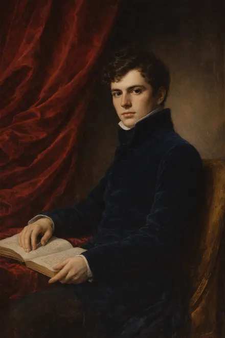 my son at twenty-one in a dark blue coat with a high collar, seated, his hand on an open book, the drapery a deep red, painted after Ingres