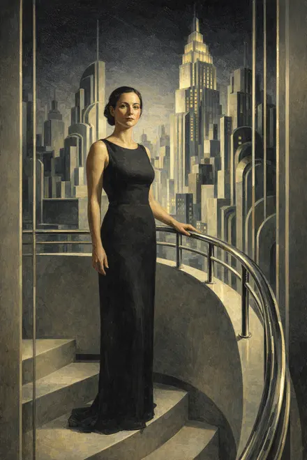my wife in a black column dress at the top of the stairs, one hand on the chrome rail, the city lit behind the glass, painted in the Art Deco hand