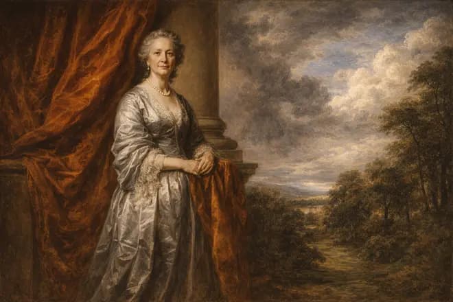 my mother at sixty in silver satin, full length beside a column, pearls at her throat, the storm clearing behind the drapery, painted after Van Dyck