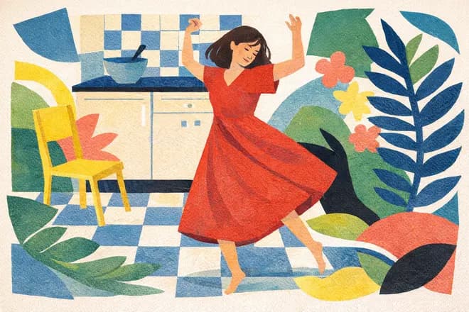 our daughter dancing in a red dress in the kitchen, arms up, the tiles and the fern and the yellow chair all around her, painted in the Cut-Paper Collage hand