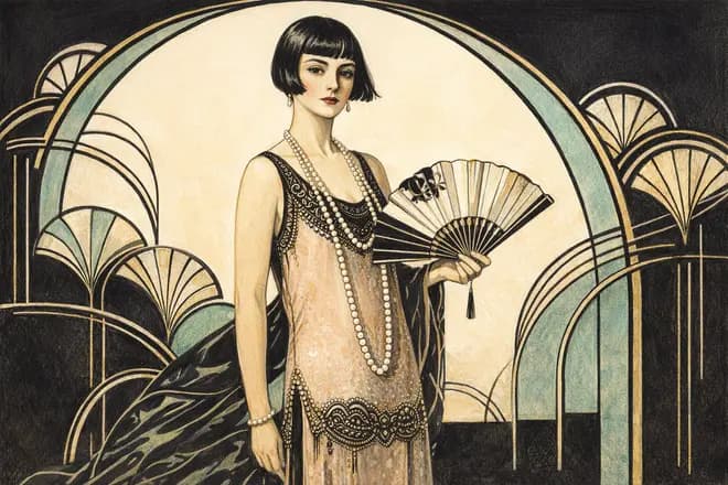 my sister in a beaded drop-waist dress and a long string of pearls, a fan half open, hair cut sharp at the jaw, painted in the Deco Fashion Plate hand