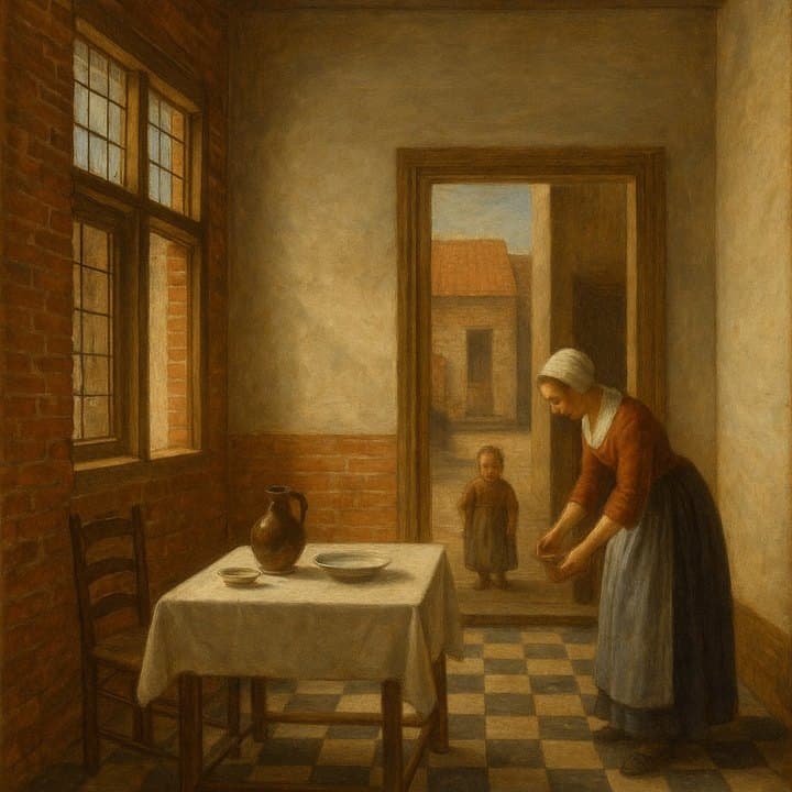 Painted here after Pieter de Hooch, golden render