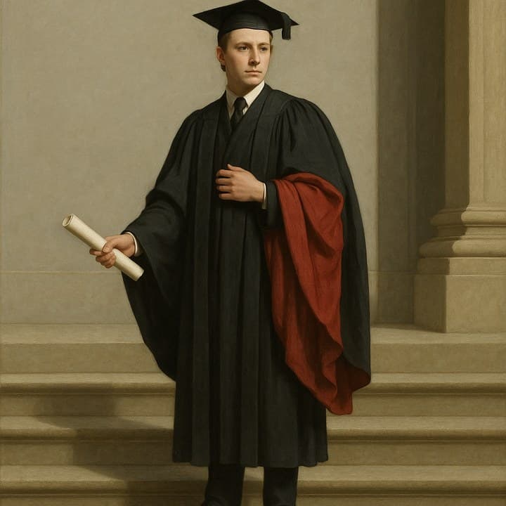 Painted here from the line “the graduate on the library steps in the gown, June light”, after Jacques-Louis David (1748–1825)