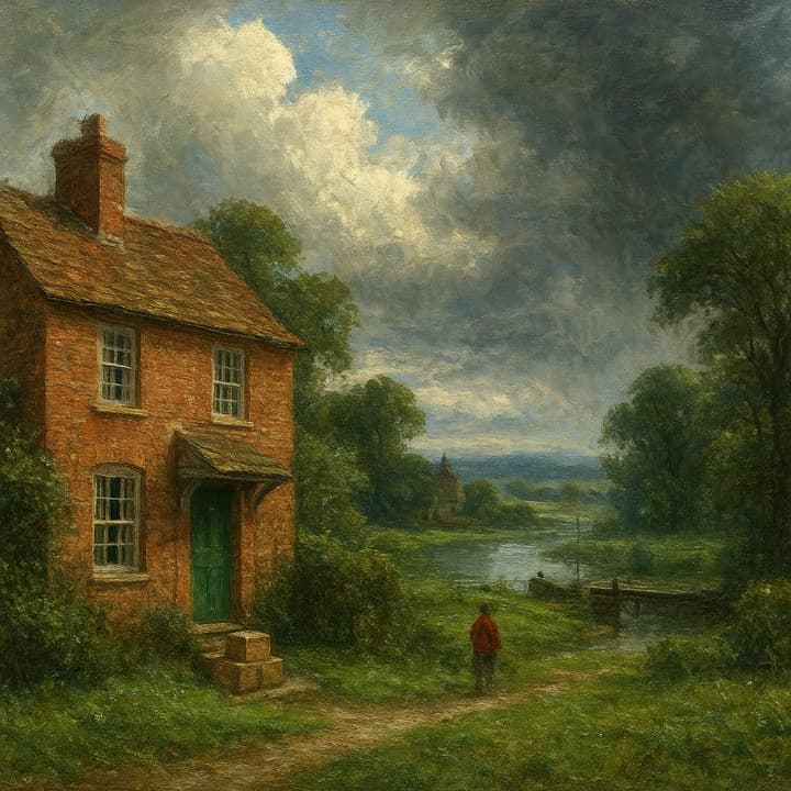 Painted here from the line “a brick house with a green door, the first morning, boxes on the step”, after John Constable (1776–1837)