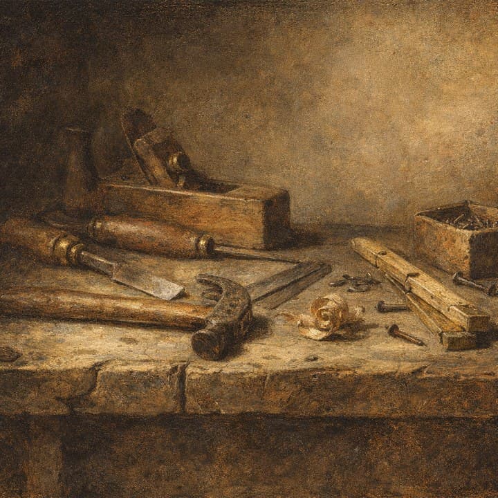 Painted here from the line “the tools laid down on the bench, the last day, evening light”, after Jean-Siméon Chardin (1699–1779)