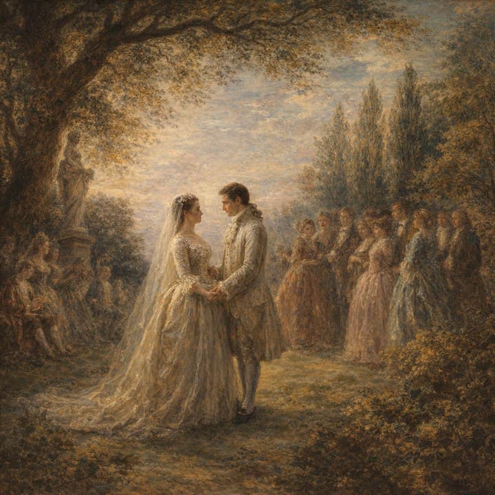 Painted here from the line “the two of them under the oak, late light, the guests behind”, after Antoine Watteau (1684–1721)