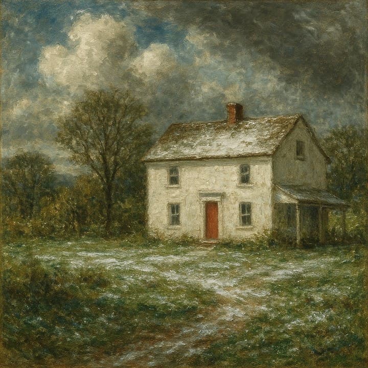 Painted here from the line “a white farmhouse with a red door, first snow”, after John Constable (1776–1837)