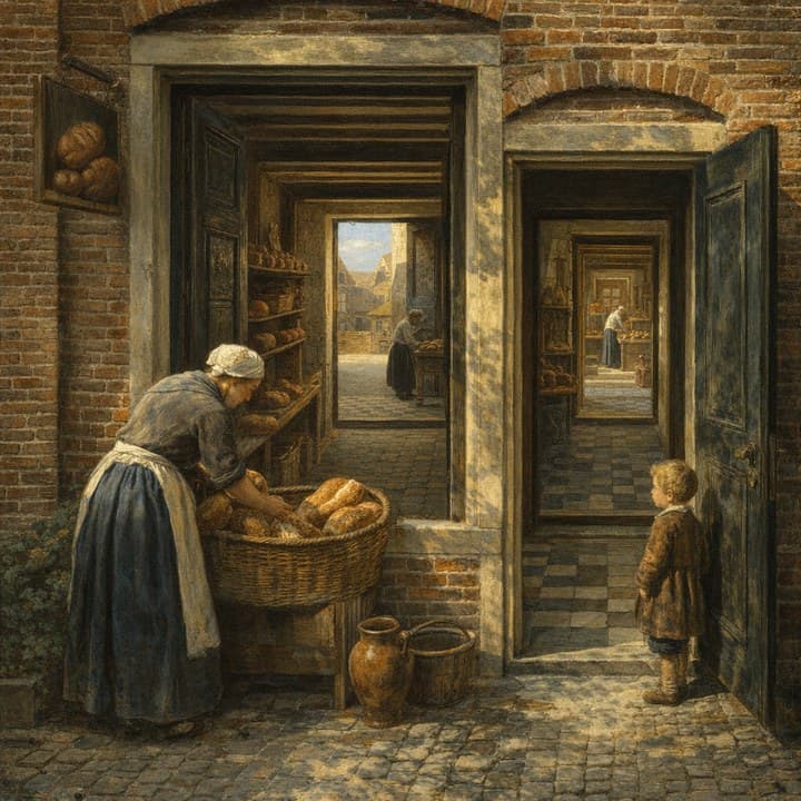Painted here from the line “the bakery on the corner at opening time”, after Pieter de Hooch (1629–1684)