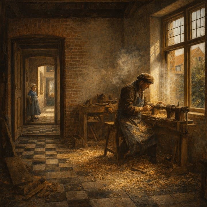 Painted here from the line “his workshop, sawdust in the light, the lathe by the window”, after Pieter de Hooch (1629–1684)
