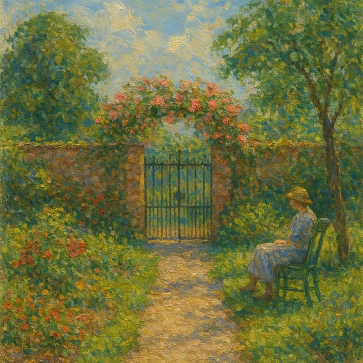 Painted here from the line “her garden in June, roses over the gate, her chair in the shade”, after Impressionism