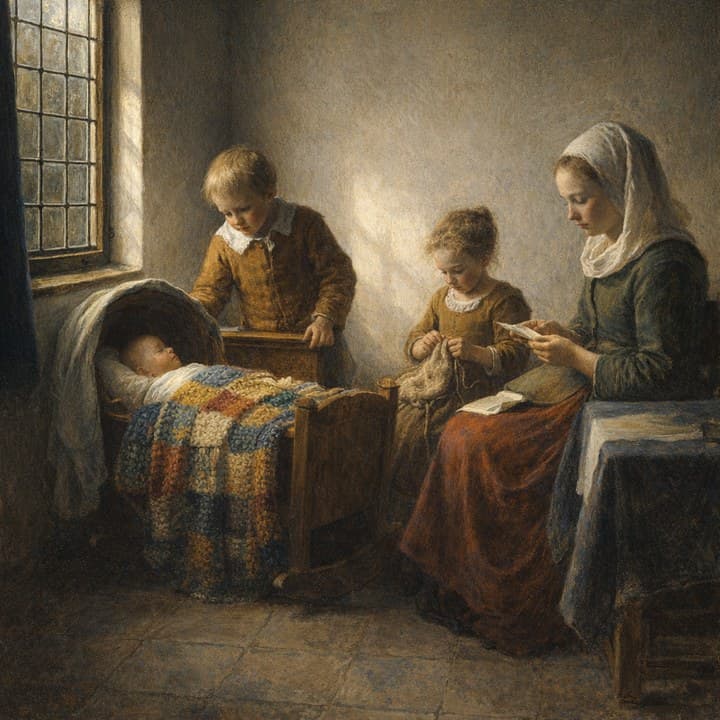 Painted here from the line “the cradle by the window, a knitted blanket, first light”, after Johannes Vermeer (1632–1675)