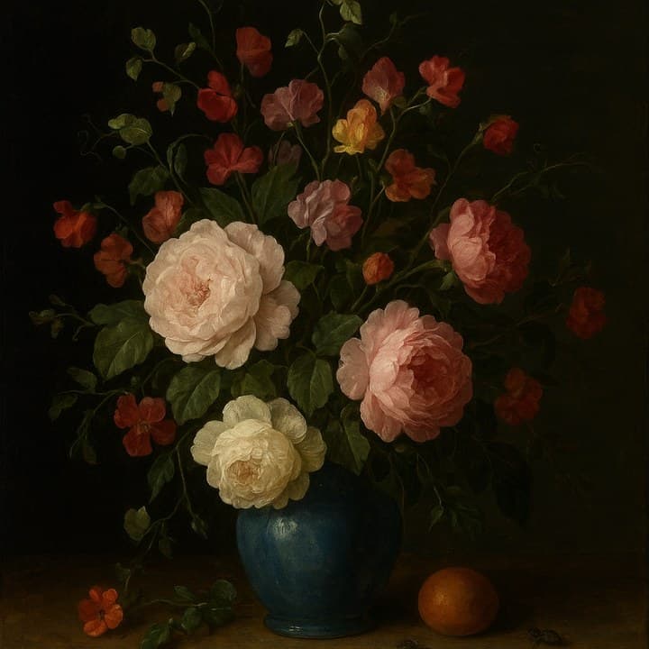 Painted here from the line “peonies and sweet peas in a blue jug”, after Rachel Ruysch (1664–1750)