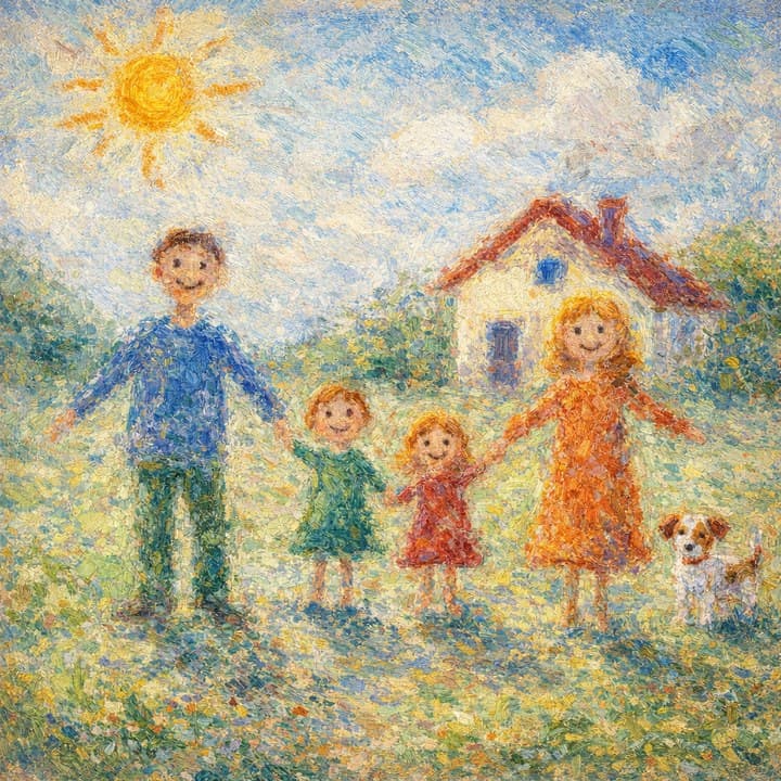 Painted here from the line “the family, the dog and the sun over the house”, after Impressionism