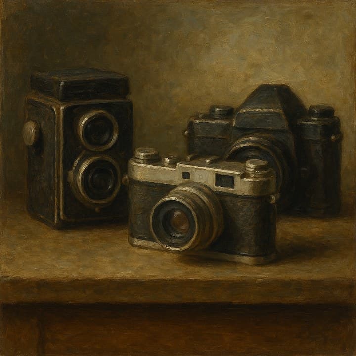 Painted here from the line “three vintage cameras on a wooden desk”, after Jean-Siméon Chardin (1699–1779)