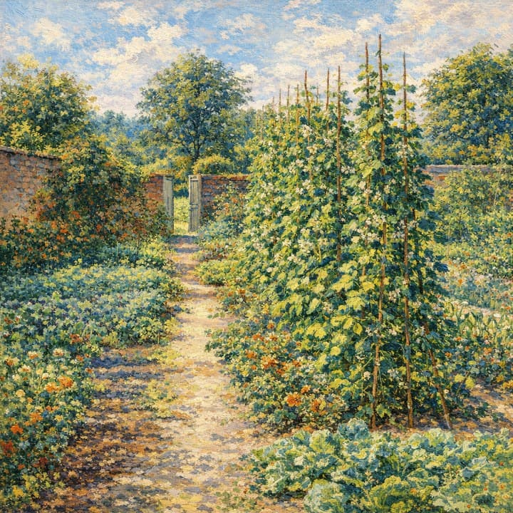 Painted here from the line “the vegetable garden in July, beans up the poles”, after Impressionism
