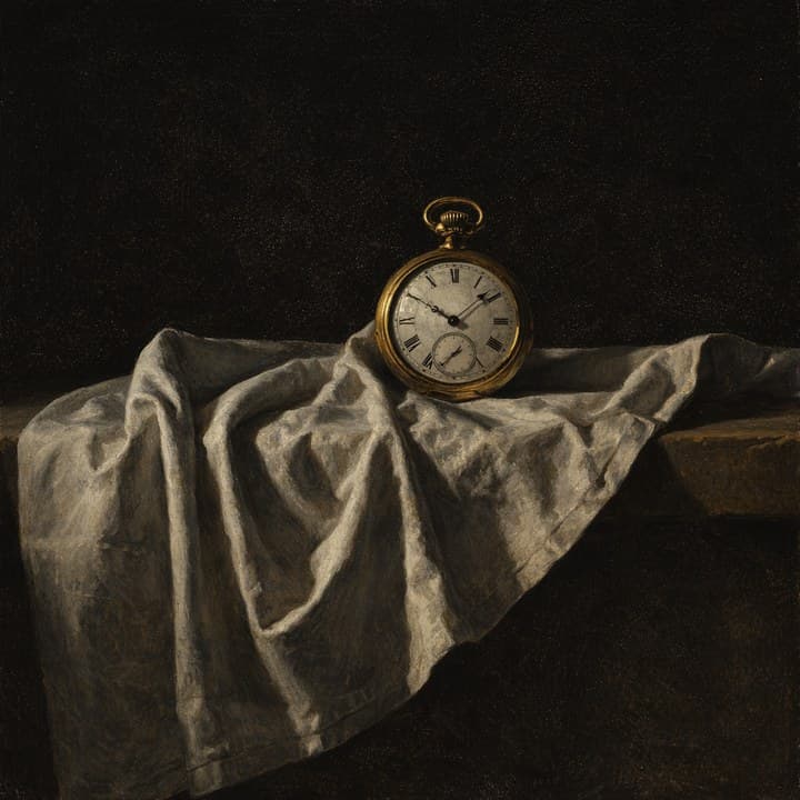 Painted here from the line “my grandfather's pocket watch on a linen cloth”, after Francisco de Zurbarán (1598–1664)