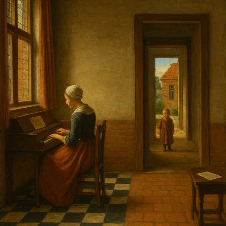Painted here from the line “our sitting room, the piano by the window, afternoon”, after Pieter de Hooch (1629–1684)