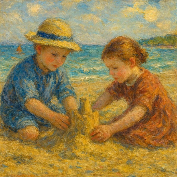 Painted here from the line “two children building a sandcastle, late afternoon”, after Impressionism