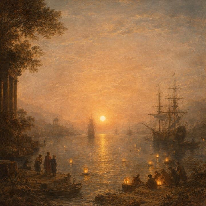 Painted here from the line “a harbour at dusk, lanterns on the water”, after Claude Lorrain (1604–1682)