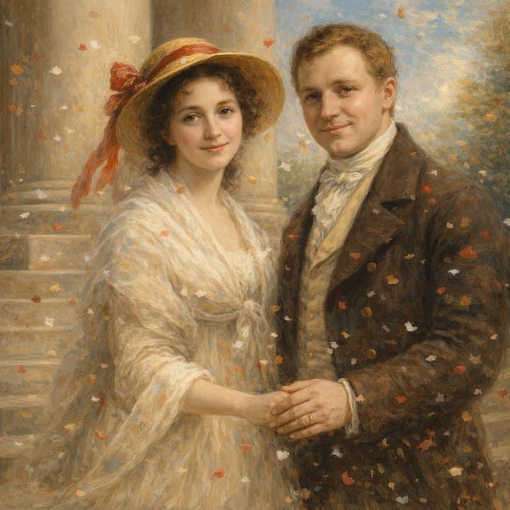 Painted here from the line “the two of us on the courthouse steps, confetti”, after Élisabeth Vigée Le Brun (1755–1842)