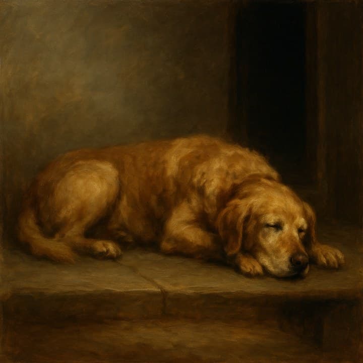 Painted here from the line “our old retriever asleep on the porch, evening light”, after Diego Velázquez (1599–1660)